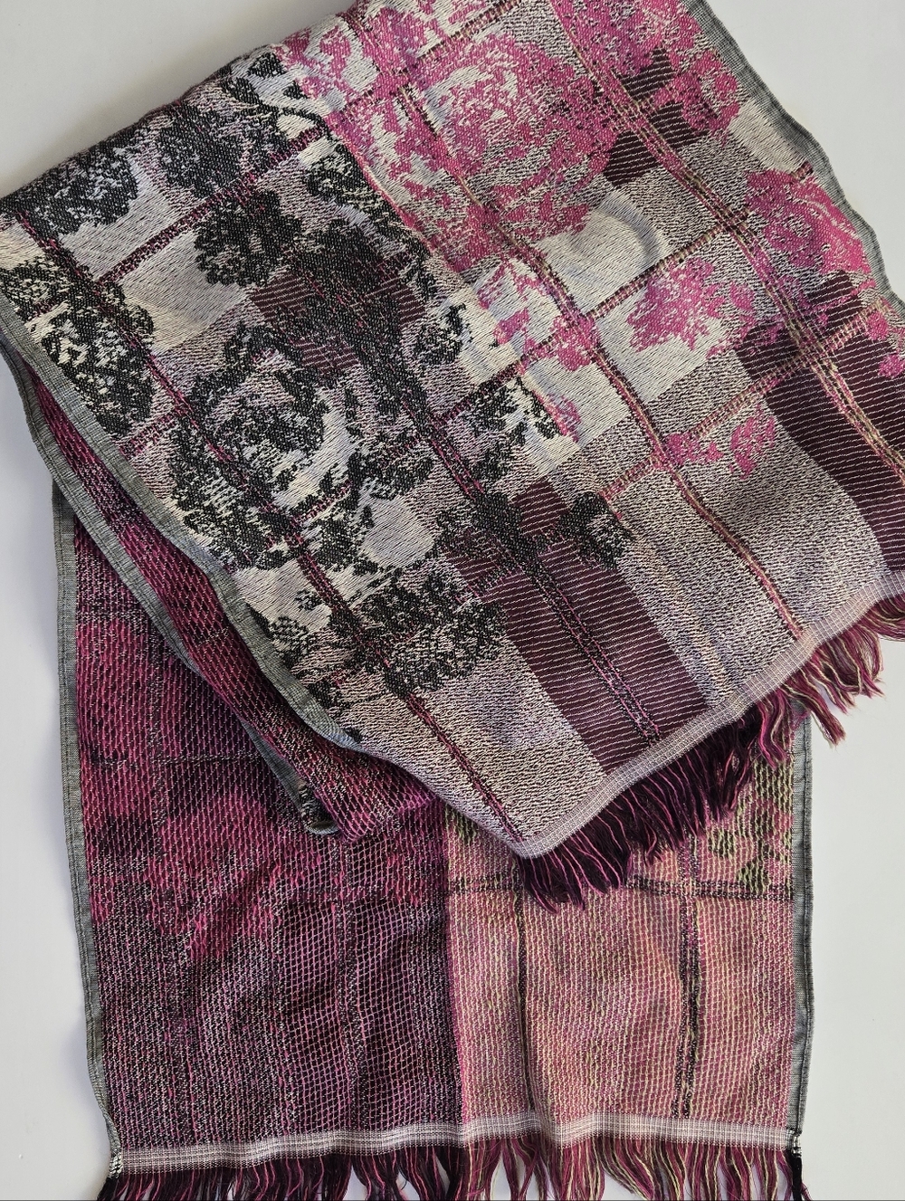 Marc Rozier PARIS Floral Brocade Pink & Gray Women's Neck Scarf 15x58" Wool Silk